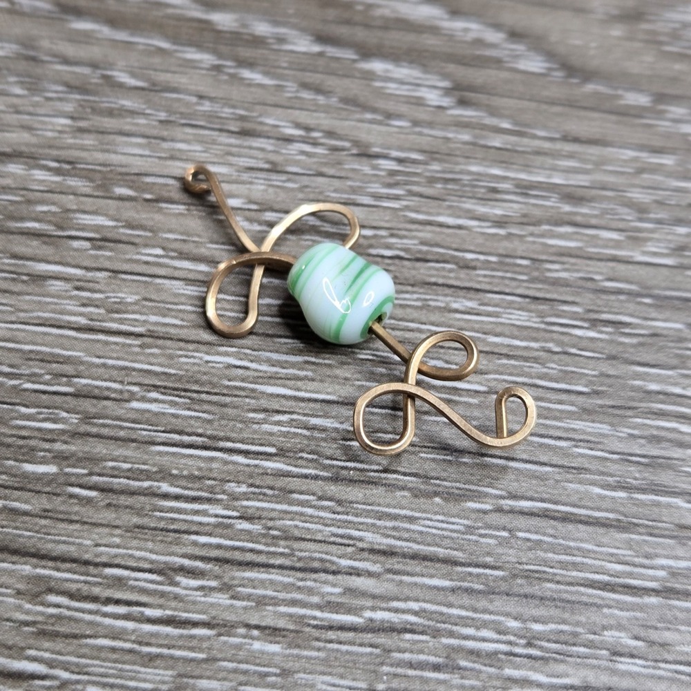 Gold Tone Swirl Glass Bead Pendant Wire‎ Wrapped Artisan Charm